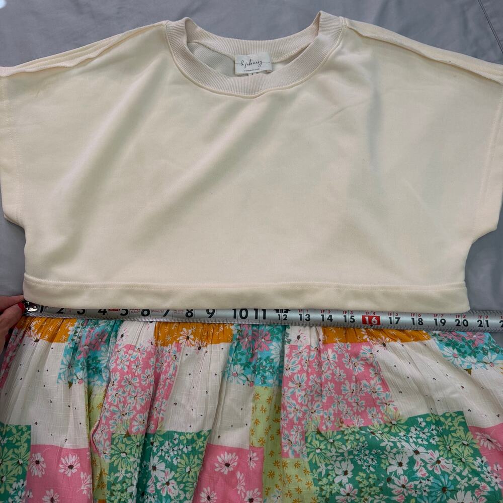 In February Cream Patchwork Floral Mixed Media Mini Dress Women's Small - Picture 9 of 14